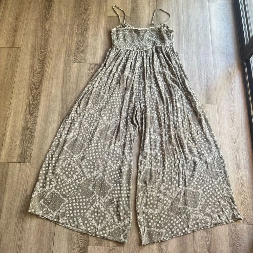 Klesis Printed Sleeveless Jumpsuit Boho Olive Hippie Sz M Wide Relaxed Fit - Picture 9 of 12